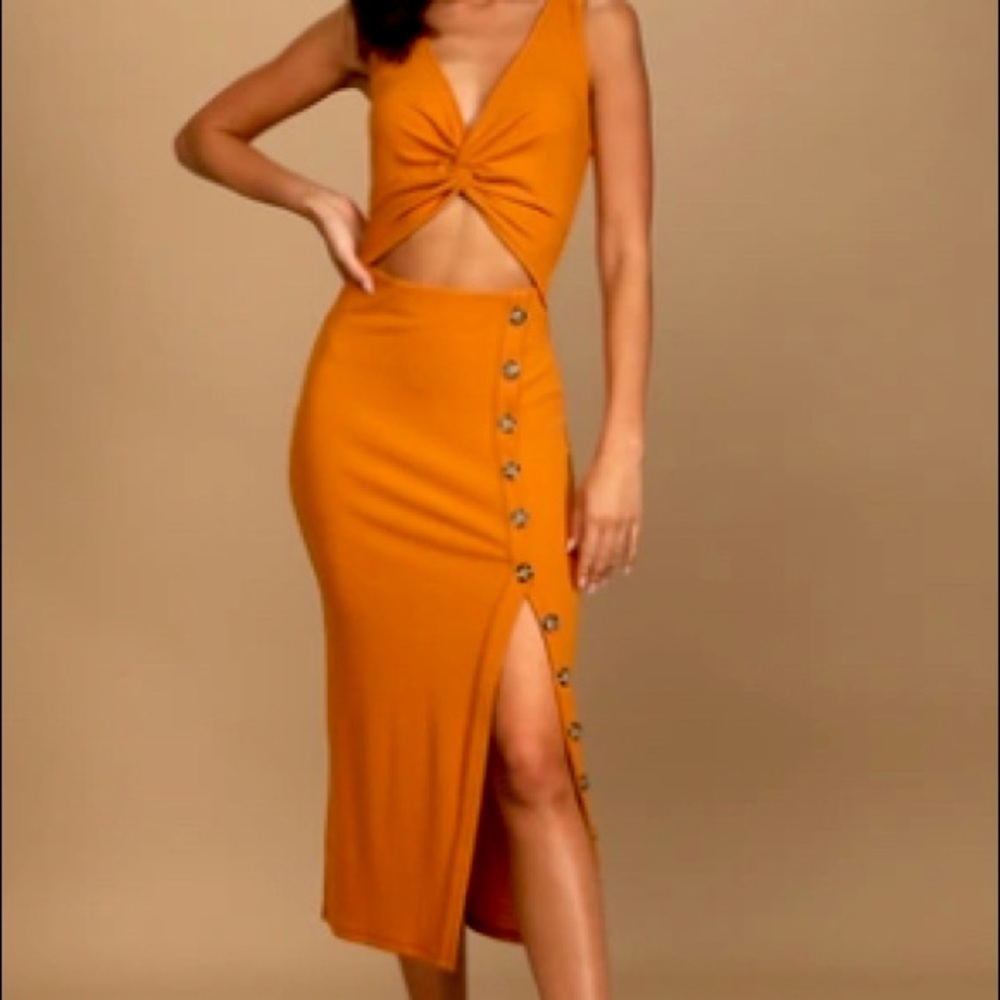 Lulus Orange Ribbed Twist-Front Cutout Midi Dress